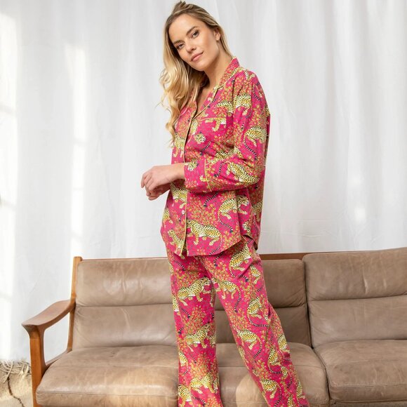 NEW PRINTFRESH Anthropologie 100% Cotton Scarlet Bagheera Cheetah Pajama Set | L - Picture 1 of 14